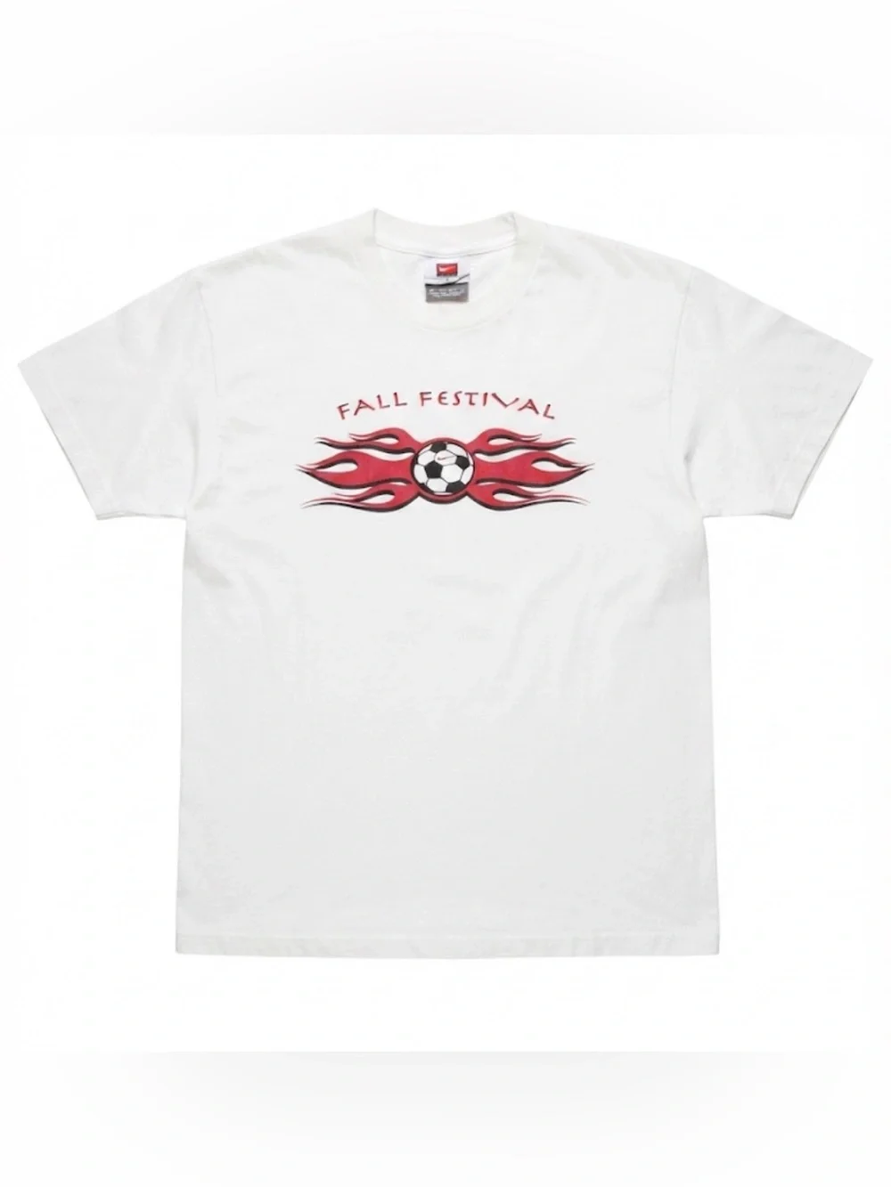 Vintage Nike Soccer T-Shirt Men’s Small White Flames Fall Festival Graphic